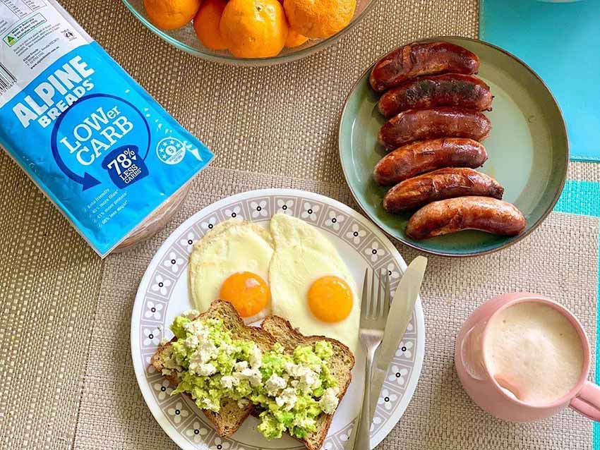 Low carb bread with eggs sausages and madarins 